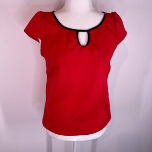 Vintage L8ter Red Cap Sleeve Blouse with Faux Leather Trim size Small